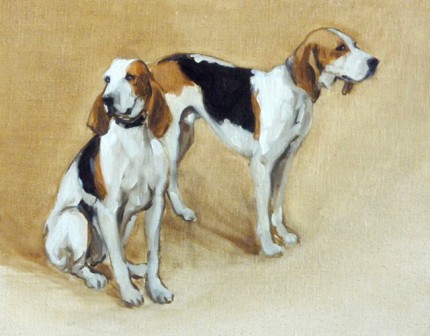 “Two Hounds” The Millbrook Hunt, Oil on archival linen board, 11 x 14 inches, Signed