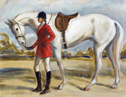 “Woman Holding a White Horse” The Millbrook Hunt, Oil on archival linen board, 11 x 14 inches, Signed