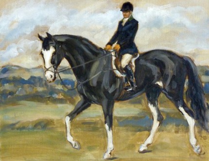 “Woman on a Black and White Horse” The Millbrook Hunt, Oil on archival linen board, 11 x 14 inches, Signed