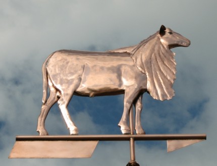 “St. Croix Sheep Weathervane” Cooper, Handmade glass available in a variety of colors, Optional: Inscription or gilded lettering in gold or palladium leaf to the crossbar. | Available: Small, Medium and Large