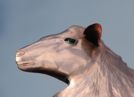 “St. Croix Sheep Weathervane” Cooper, Handmade glass available in a variety of colors, Optional: Inscription or gilded lettering in gold or palladium leaf to the crossbar. | Available: Small, Medium and Large
