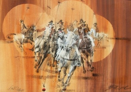 “A Real Challenge” Pastel on gold wash, 92 x 66 cm, Signed & Framed