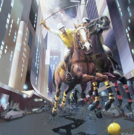 “Polo in the City” Oil on canvas, 1 x 1 meter, Signed