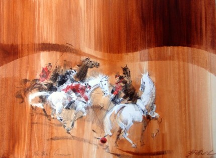 “The Team Scorer” Pastel on gold wash, 92 x 66 cm, Signed & Framed