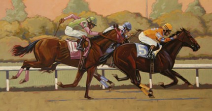 William Ersland “Down to the Wire!” Acrylic on board, 12 x 22 inches, Signed