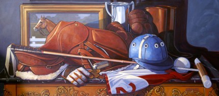 “Still Life With Polo Gear” Acrylic on board, 18 x 40 inches, Signed