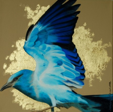 Turquoise and Gold Bird, oil and gold leaf on canvas, 10" x 10"