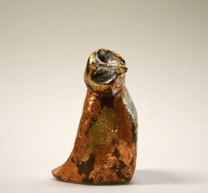 “Little Barn Owl” Silver/ Copper and gold leaf concrete, 2.5 x 1 x 2.75 inches, Signed on bottom. Made to order with each varying in the silver/copper/gold so no one will look exactly alike.