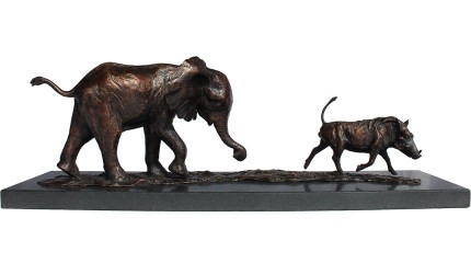 Baby Elly and Warthog, Bronze, Edition of 12, 16 x 51 x 14 cm