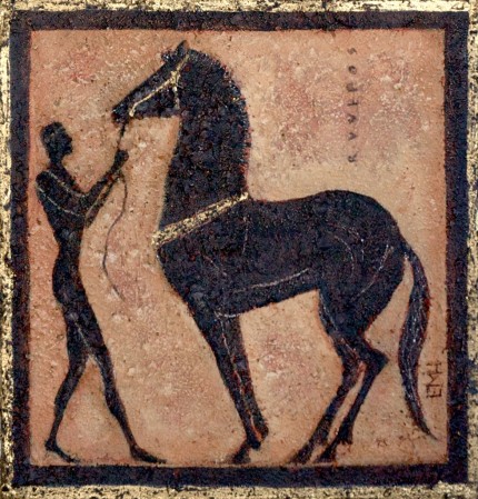 “Greek Horse I” Mixed media on canvas, 12 x 12 inches, Signed lower right