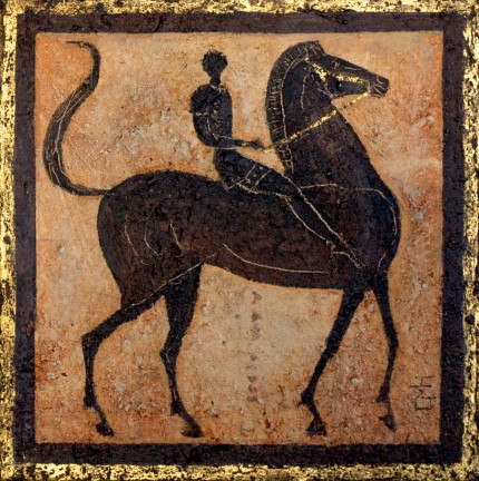 “Greek Horse II” Mixed media on canvas, 12 x 12 inches, Signed lower right