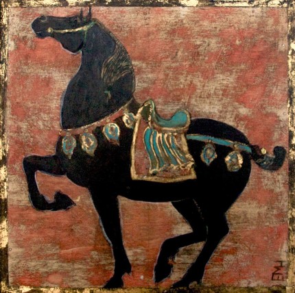 “Tang Warrior” Mixed media on wood panel, 12 x 12 inches, Signed lower right