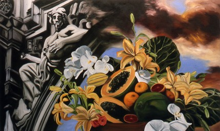 "Papayas & Daylilies" Oil on canvas, 36 x 60 inches, Signed
