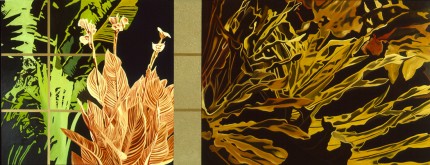 "Big Birds (of Paradise) & Split Leaves" Diptych, Oil/Slkyd/Sand on canvas, 48 x 124 inches, Signed