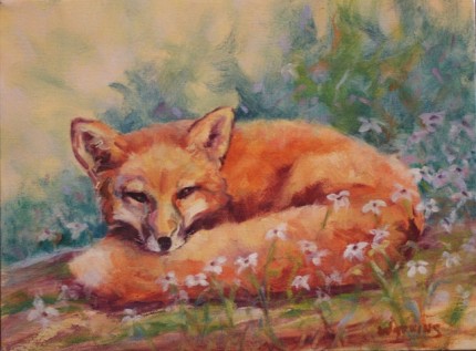 “Fox and Flowers” Oil on canvas, 9 x 12 inches, Signed