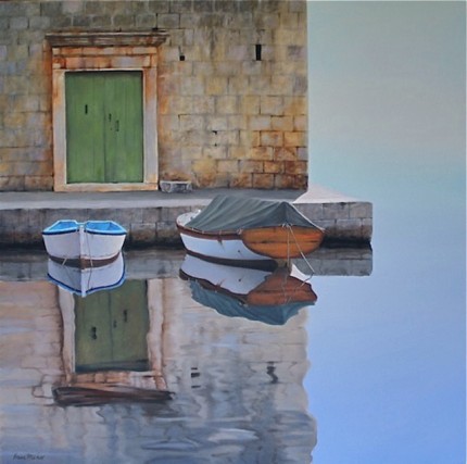 “Green Door” The Water Series, Oil on canvas, 30 x 30 inches, Signed
