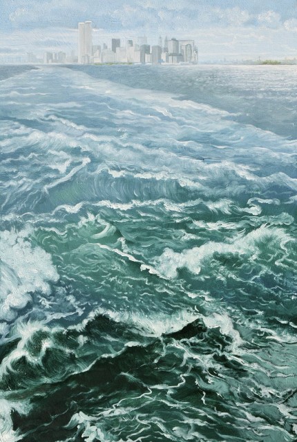 “Manhattan Seen From The Staten Island Ferry in 1982” Oil on panel, 24 x 16 inches, Signed