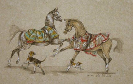 “Horses and Dogs” Ink on paper