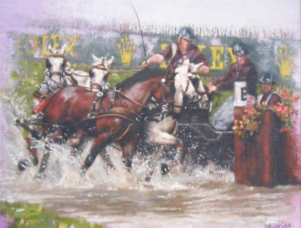"On Course"  oil on linen  8" x 10" Exhibited at World Equestrian Games 2010 with American Academy of Equine Art (World Champion, Felix Brasseur, driving his Belgian team of Lipizzaners)  ON OFFER  in gold-wash Baroque frame - Price upon enquiry