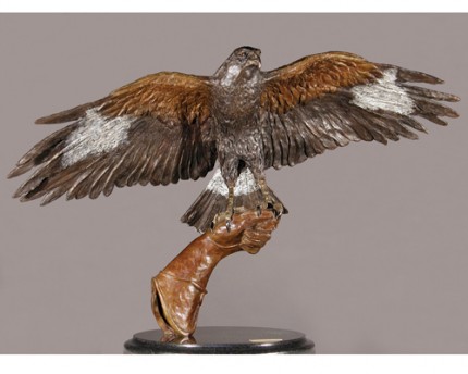 “The Hunters” (For Oban) (Harris Hawk) Bronze on cambrian black granite, 25 x 40 x 18 inches