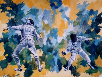 “Fencers' Dream” (Sogno di schermidori) Oil on canvas, 23.5 x 30.5 inches, Signed
