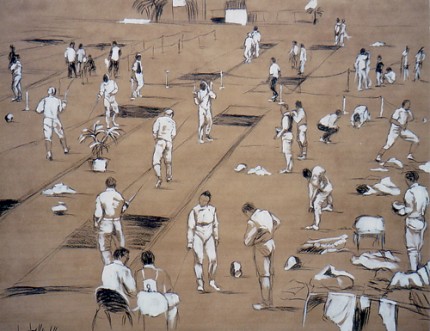 “Fencers' Training” (Palestra di scherma) Charcoal & Oil on paper, 39.5 x 49 inches, Signed