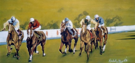 “Horse Race - 5 Riders” (Corsa di cavalli in 5) Oil on canvas, 20 x 41 inches, Signed