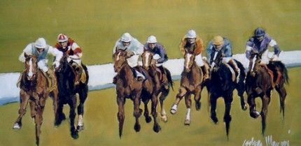 “Horse Race - 7 Riders” (Corsa di cavalli in 7) Oil on canvas, 20 x 41 inches, Signed