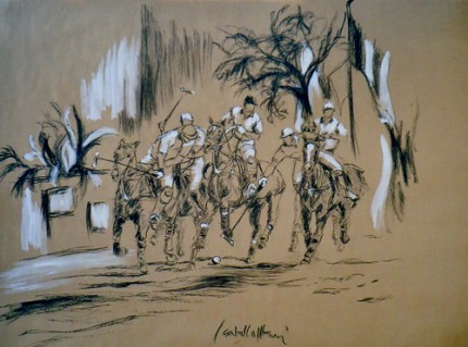 “Polo, the Scrum” (Polo, la mischia) 2006, Charcoal and Oil on paper 39.5 x 49 inches, Signed