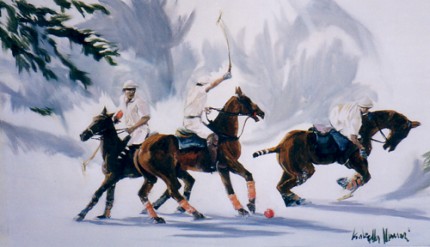 “Polo on the Snow” (Polo sulla neve) Oil on canvas, 24.5 x 39.5 inches, Signed