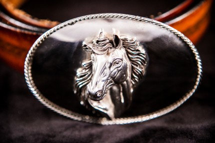Horse Head Belt Buckle — The horse head motif is set within sterling silver throughout and wrapped with a classic twisted elegant silver rope.  Available with or without diamond and 14 ct gold accents. 