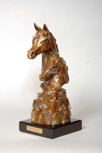"Next Generation” Arabian mare & foal bust are sculpted on a stacked Pile of rocks to depict the “building blocks of life” - contemporary patina. (L.E. 50) 8”L x 9”W x 18”H - Wood Base