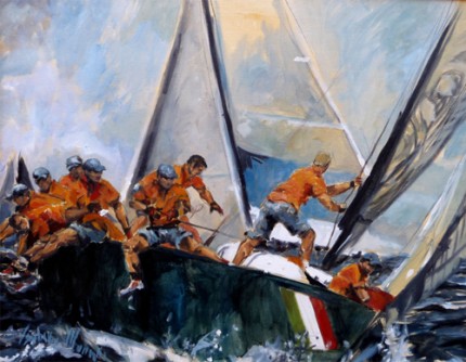 “America's Cup” (Regata di Coppa America) Oil on canvas, 22 x 28 inches, Signed