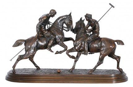 Isidore Jules Bonheur (French, 1827 - 1901) "Polo Players" Bronze, Light brown patina, 13 x 23 inches, Numbered and Signed: Isidore Bonheur. Note: Casts of this model are extremely rare, with only two other examples known of the complete group. Exhibited French Salon, 1897. The Noble Horse - Man and Horse in Western Art History, April 4 - May 26, 1998. The Metropolitan Teian Art Museum, cat. no. 77, page 130. Illustrated Watson, J.N.P. (ed.) Collecting Sporting Art. London: The Sportmans Press, 1988, p. 98. Watson, J.N.P. The World of Polo Past and Present. Topsfield, MA: Salem House Publishers, 1986, p. 37.