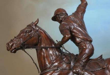 Gill Parker, British Contemporary "Polo XII: Offside Forehand" Close-up, Bronze, Edition 1 of 9, Mid-brown patination, 31 x 25 inches, Signed and Numbered. Two views of this sculpture depicting a darker patina and another, lighter and more golden in colour are available.