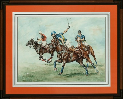 Hubert de Watrigant, French (b. 1954) “The Hipwood Brothers” c. 1980, Watercolour on paper, 16.25 x 22.25 inches, Signed lower right | Depicting the Hipwood Brothers, Julian & Howard (winning) the U.S. Open Polo Championship.
