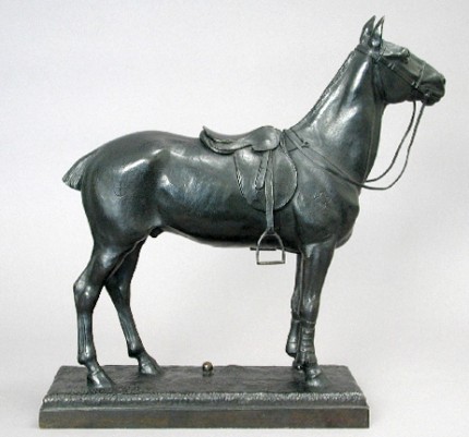 Alexander Pope (American, 1849 - 1924) "Polo Pony" View from right, Bronze, Dark brown patina, 15 x 15 ⅛ x 4 ¼ inches, Signed and Numbered, left rear top of base: POPE. Stamped, rear vertical edge of base: Gorham Co Founders, Q443.