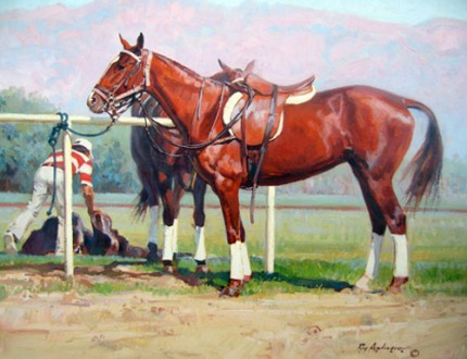 Roy Anderson, American (b. 1930) “Polo Ponies: Polo Line” Oil on linen, 20 x 24 inches, Signed. CAA member artist well known for his desert southwest colors. Very HOT artist now, highly collectible.