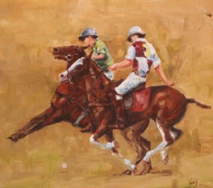 Cathrine Ingleby, British Contemporary "Applying the Brakes " Oil on canvas,  20 x 22 inches,  Signed