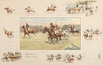 Snaffles, British, (1884-1967) "Carpet Beaters vs. Bobbery Wallahs" c. 1930, Handcolored print, 17.7 x 27.8 inches (45 x 70.5 cm) Numbered in pencil bottom left, Embossed Snaffles Bits stamp on the mount