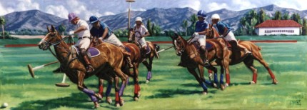 Lonni Clarke, American Contemporary “Horse Croquet” 1999, Oil on panel, 15 x 40 inches, Signed and Dated