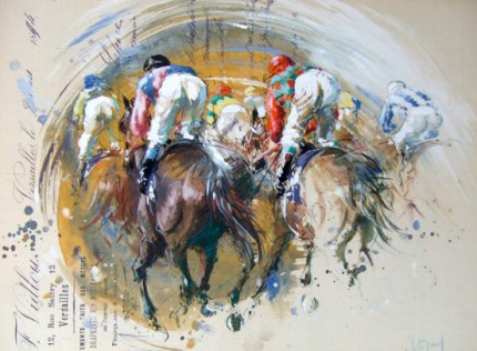“Le Peloton” Gouache on collage, Signed