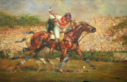 Alfredo De la María, Uruguayan Contemporary “Marcos Heguy (Indios Chapaleufui) vs. La Espadana, Argentine Open, Palermo, 1988” Oil on canvas, 24 x 35 inches, Signed, 1988