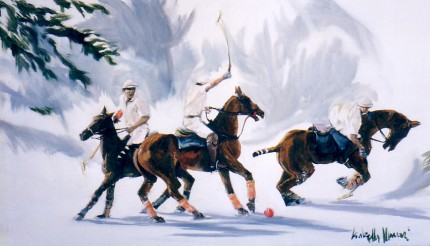 Isabella Monari, Italian Contemporary "Polo on the Snow" (Polo sulla neve) Oil on canvas, 24.5 x 39.5 inches, Signed
