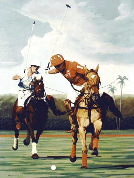 Ricardo Morales-Hendry, Colombian Contemporary “Polo II” Oil on canvas, 38 x 30 inches, Signed