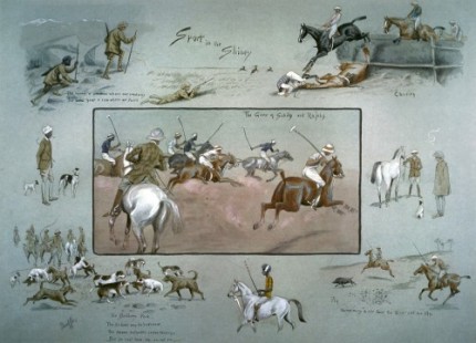 Snaffles, British, (1884-1967) "Sport In The Shiney by Snaffles, The Game of Sahibs and Rajas" Original watercolour on hand coloured print depicting various polo scenes, pig sticking and hunting scenes in India, c. 1911, 19 x 25 inches, Condition: Excellent, Frame: 2" distressed gold, with decorative cream mount, Overall Size: 30 x 36 inches, ULTRA SCARCE