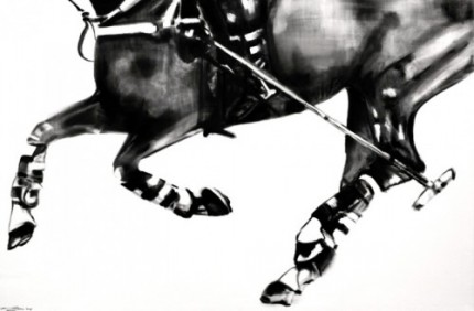Matt Rogers, American Contemporary “Strike” The Polo Series, Oil on canvas, 48 x 72 inches, Signed