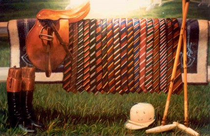Lonni Clarke, American Contemporary "Ties for Polo" 1986, Oil on linen, 30 x 40 inches, Signed. Commission for Polo/Ralph Lauren