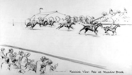 "Fieldside View: Polo at Meadow Brook" Charcoal on paper, 8 x 14 inches, Signed