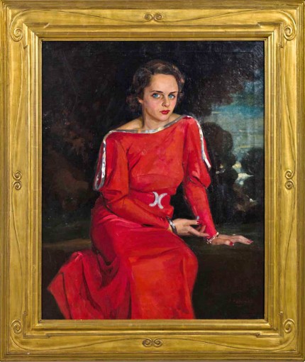 “The Red Dress” Oil on canvas, 40 x 32 inches, Signed lower right